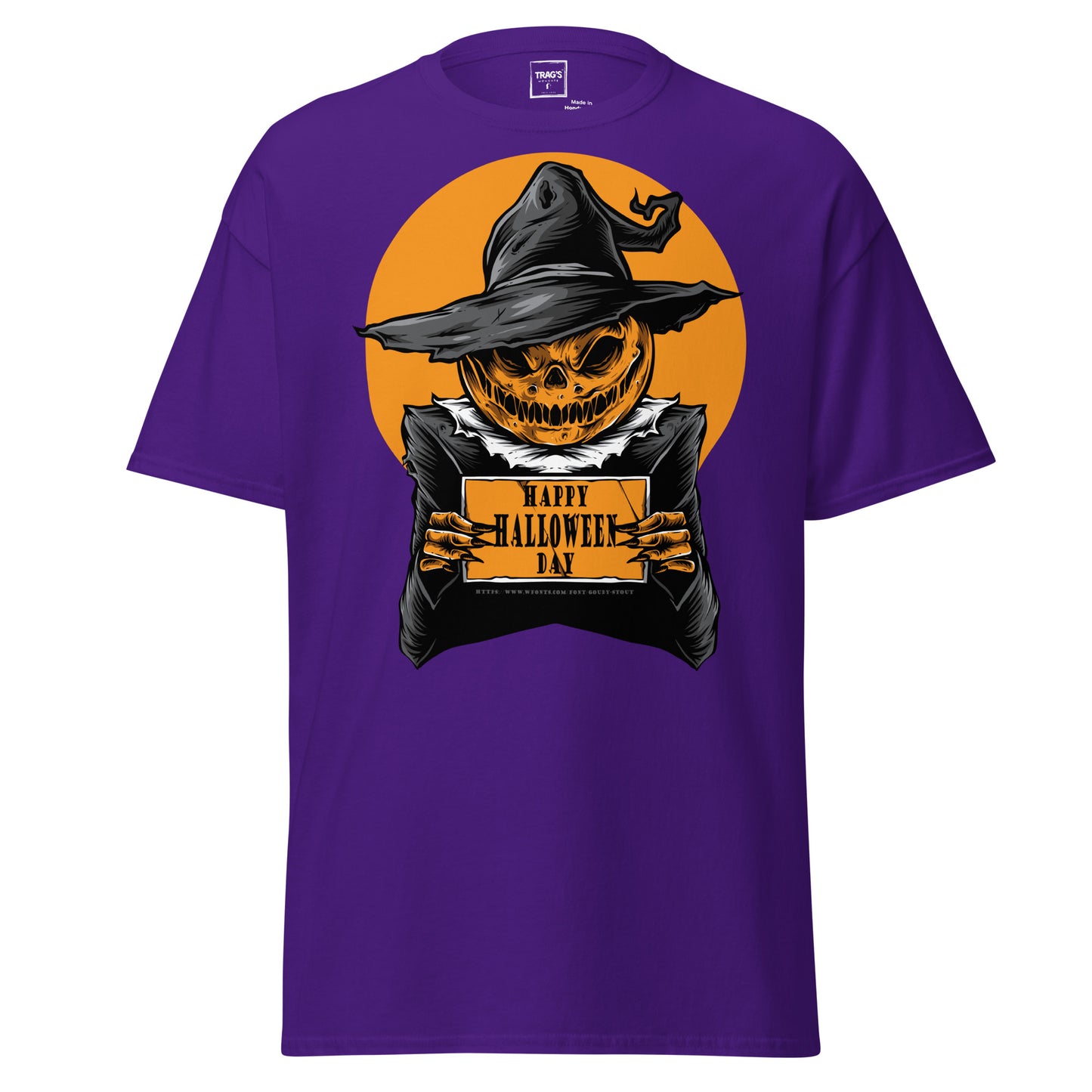 Classic Standard T-Shirt mit großem Halloween-Kürbis im Hexenhut und Aufschrift „Happy Halloween Day“