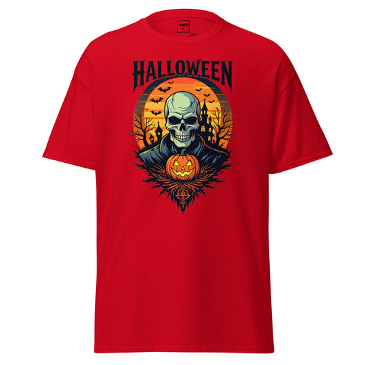 Halloween T-Shirt mit Motiv Skelett, Kürbis und Schloss – Classic Standard